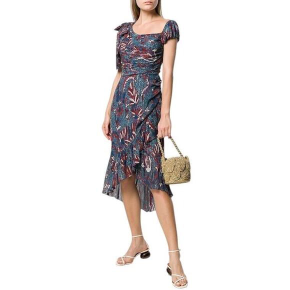 Ulla Johnson Uma Dress Size 2 Azul Floral Off Shoulder Hi Low Asymmetrical Wrap